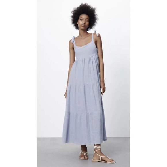 Zara Blue Tie-Strap Tiered Maxi Dress With Smocked Back - Picture 1 of 10
